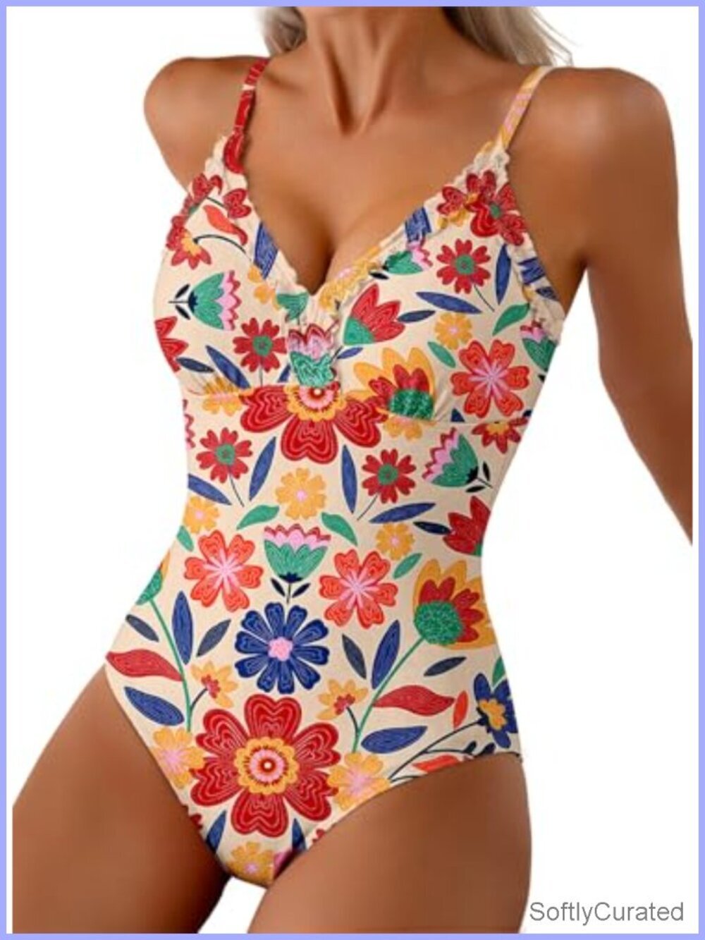 Women's One Piece Swimsuit V Neck Ruffle Tummy Control UPF 50